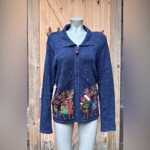 Vintage Tiara International Blue Reindeer Holiday Christmas Cardigan Sweater~L~